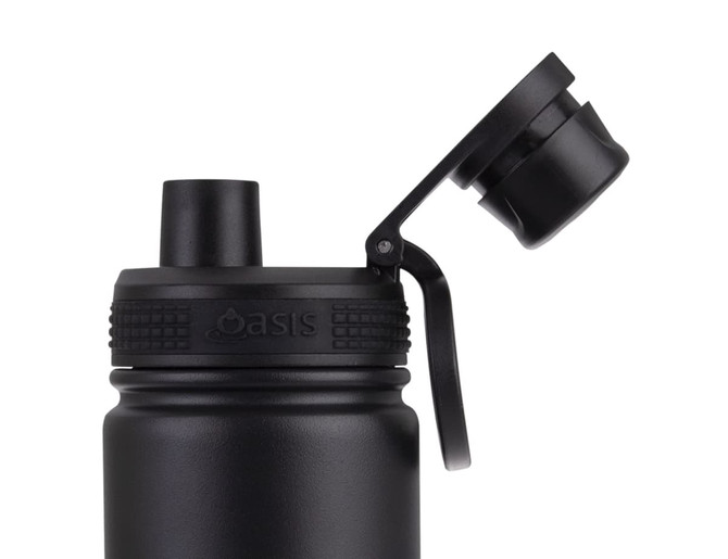 A drink bottle in black with a screw cap and flip top, featuring a handle and a logo.
