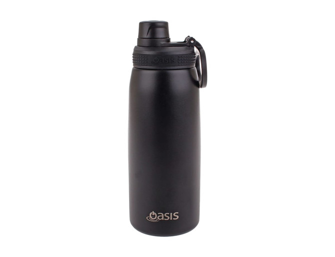 A drink bottle in matte black with a screw cap and a carry loop, featuring a logo.
