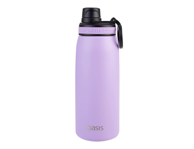 A drink bottle in a pastel purple shade with a black screw cap and a logo on the body.