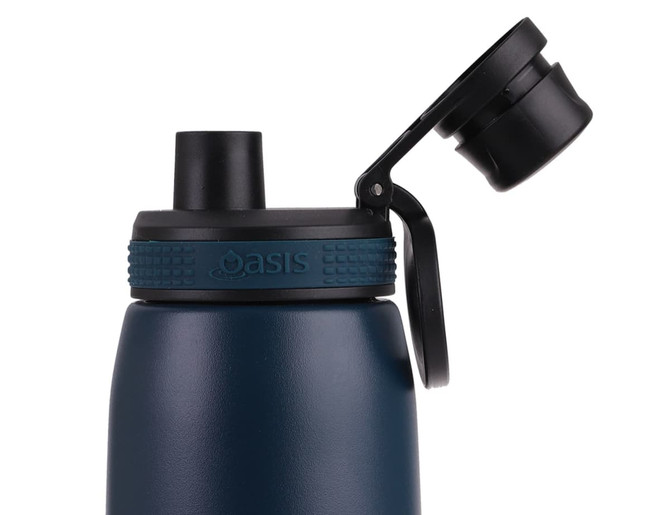 A drink bottle in navy blue with a screw cap and a black flip-top spout, featuring a logo.