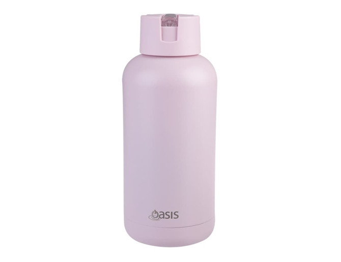 A drink bottle in a soft pink hue, featuring a flip-top lid and a simple logo on the side.