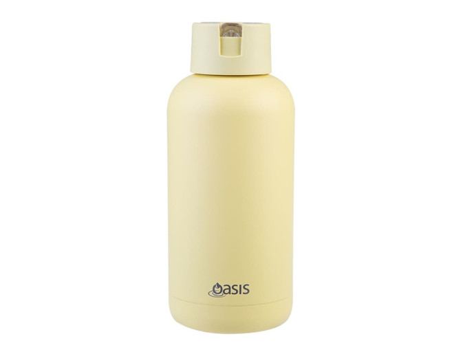 A drink bottle in a pale yellow colour with a screw-top lid and a logo on the front.