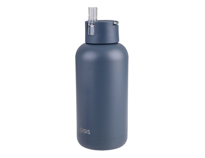A drink bottle in matte navy blue with a straw lid and a logo on the front.
