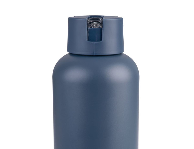 A drink bottle in a matte navy blue colour with a flip-top lid and a branding logo.