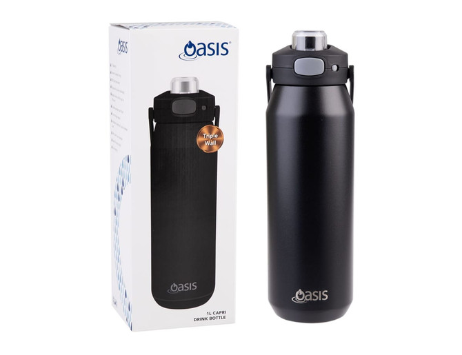 A drink bottle with a black finish and a quick release lid, presented alongside its packaging. It features a logo.