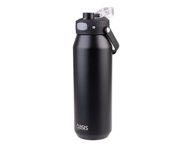 A drink bottle in matte black with a vacuum quick release lid and a carry handle, featuring a logo.