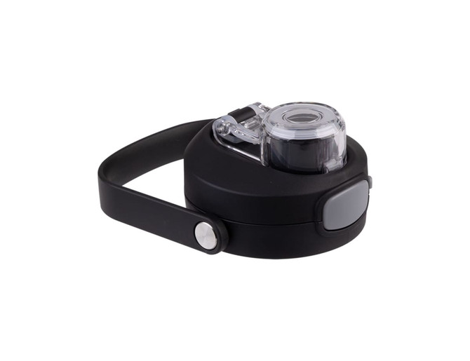 A drink bottle with a black body and clear quick-release lid, featuring a grey button and a strap.