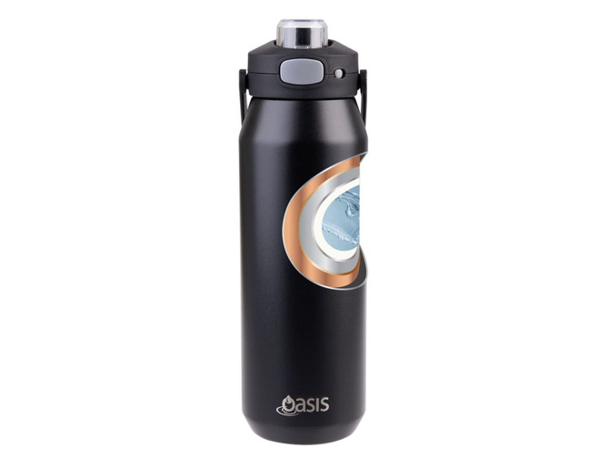 A drink bottle in black with a vacuum quick release lid, featuring a design and an Oasis logo.