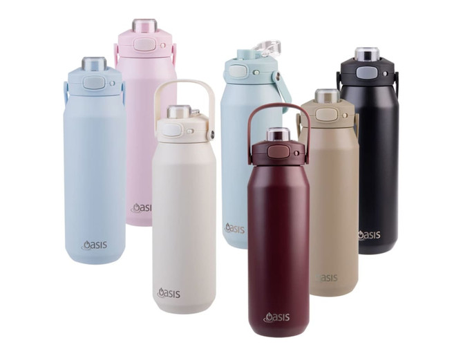 A drink bottle collection featuring various colours: light pink, blue, white, beige, dark maroon, black, and a light grey. Each has a logo.
