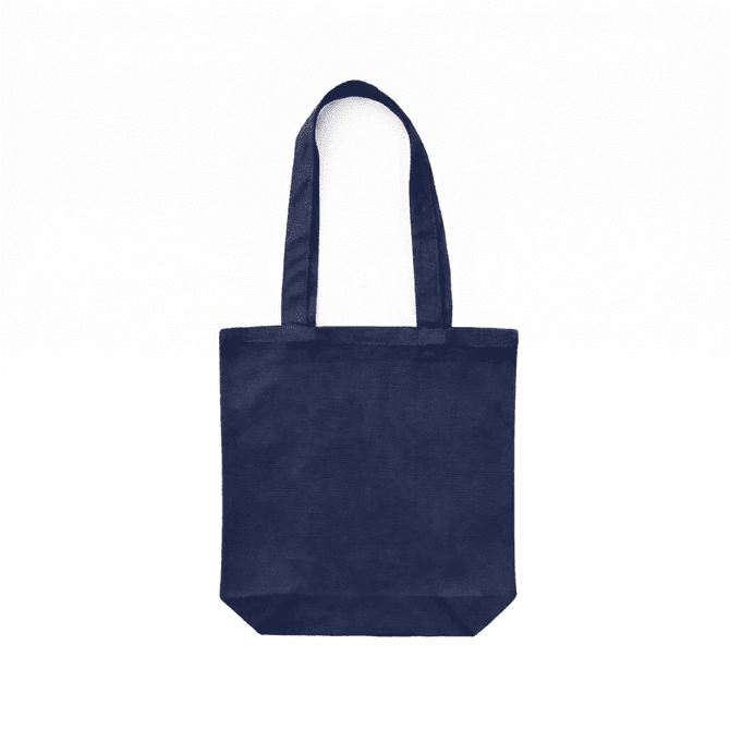 A navy blue canvas tote bag with two handles and a simple design. It features a logo on one side.