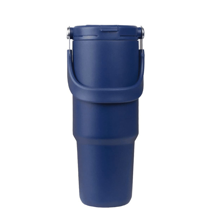 A drink bottle in navy blue with a handle and a secure lid, featuring a sleek design and branding.