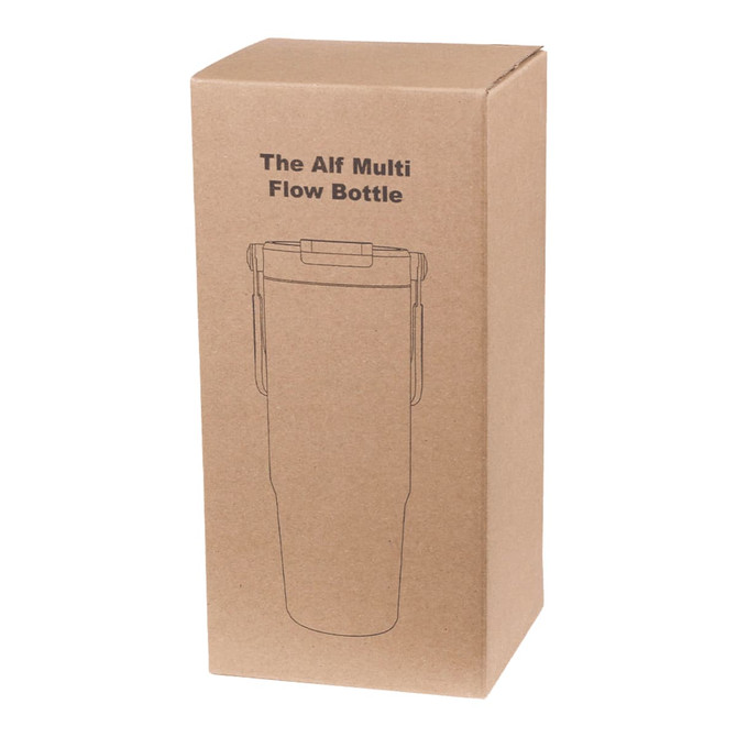 A drink bottle in a cardboard box, featuring a simple design and an attached handle. The bottle is shown in a tall, slim shape.