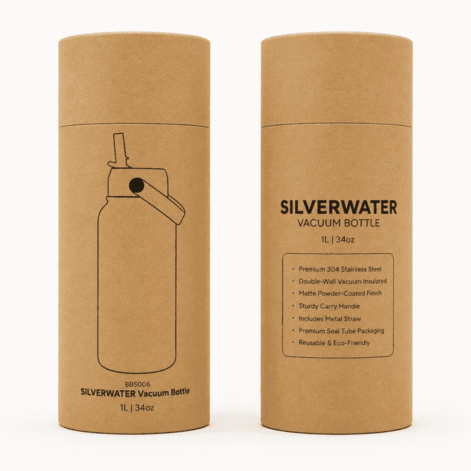 A drink bottle featuring a stainless steel design in a matte finish with a sturdy handle and a metal straw. It includes a brand logo.