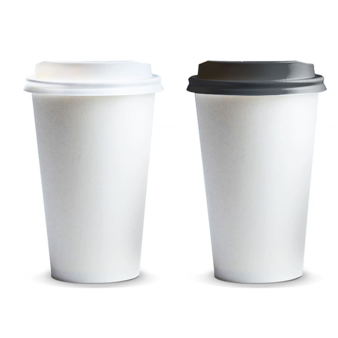 Two disposable paper coffee cups in white and black with spill-proof lids, designed for hot beverages. Two disposable paper coffee cups in white and black with spill-proof lids, designed for hot beverages.