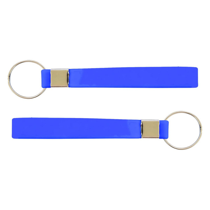 A blue silicone strap keytag featuring a silver metal clasp and a circular keyring.