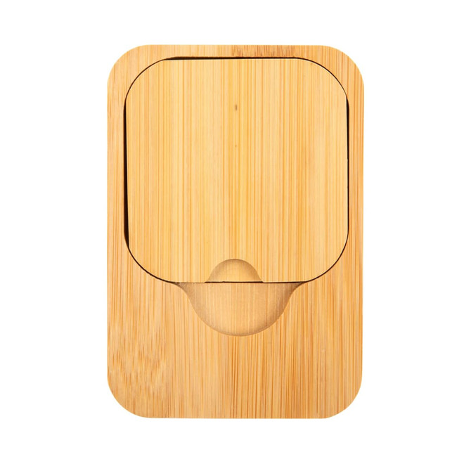 A bamboo charger set with a sleek design, featuring a rounded edge and a small cutout for access. A bamboo charger set with a sleek design, featuring a rounded edge and a small cutout for access.