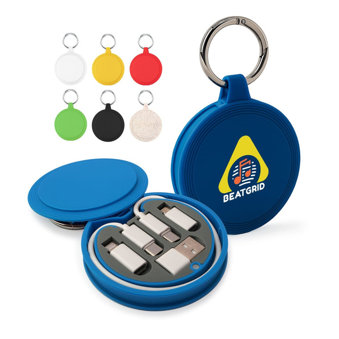 A blue circular case with a keyring, containing multiple charging cables in various colours and a logo. A blue circular case with a keyring, containing multiple charging cables in various colours and a logo.