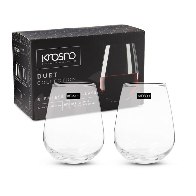A set of two clear stemless wine glasses in front of a branded box, featuring a sleek design.