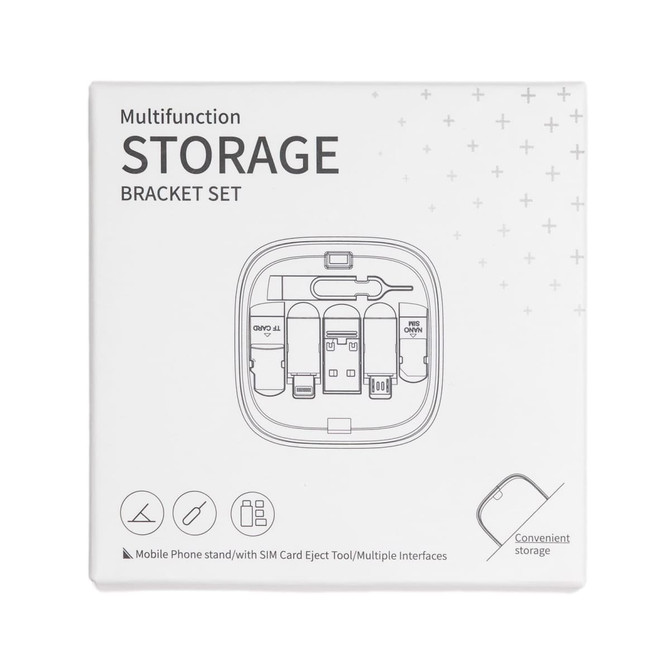 A compact storage bracket set featuring various interfaces for mobile devices, displayed in a white box with a logo.