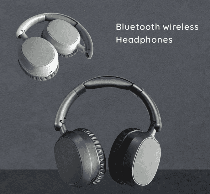 A pair of ANC Bluetooth headphones in grey and black, featuring a sleek design and padded ear cushions.