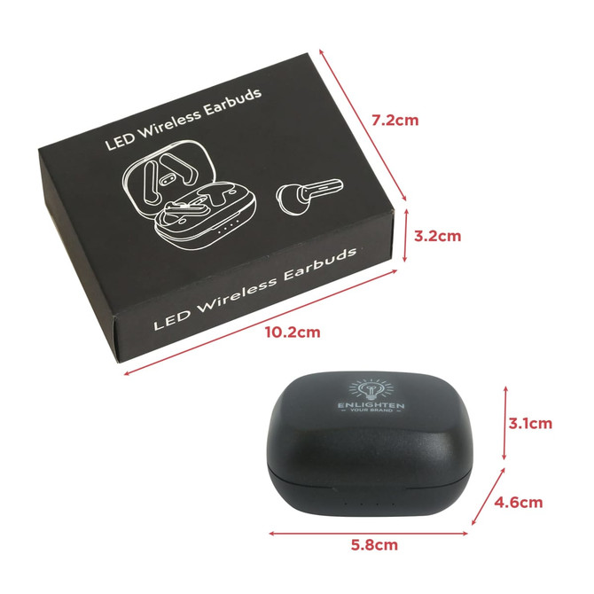 A pair of black ANC wireless earbuds in a matching charging case, displayed alongside a rectangular black box.