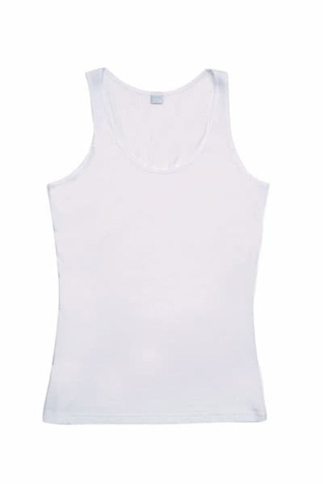 A white women's singlet featuring a classic sleeveless design and a logo on the label.