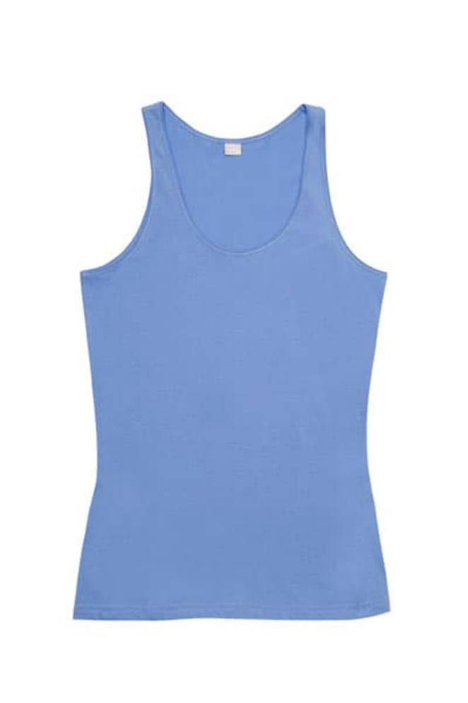 A blue women's American style singlet featuring a fitted design and a scoop neck. It includes a small logo.