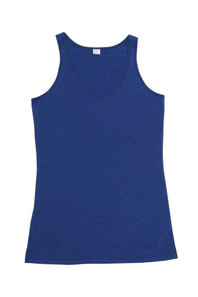 A blue women's singlet featuring a scoop neckline and a simple design. The garment has a branded label.