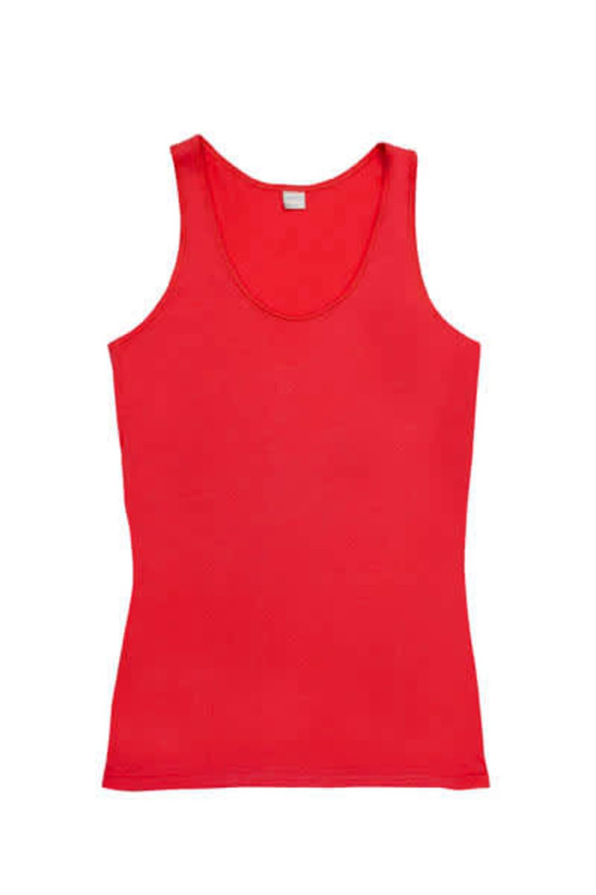 A red women's singlet featuring a scoop neck and a fitted design, with an attached logo. A red women's singlet featuring a scoop neck and a fitted design, with an attached logo.