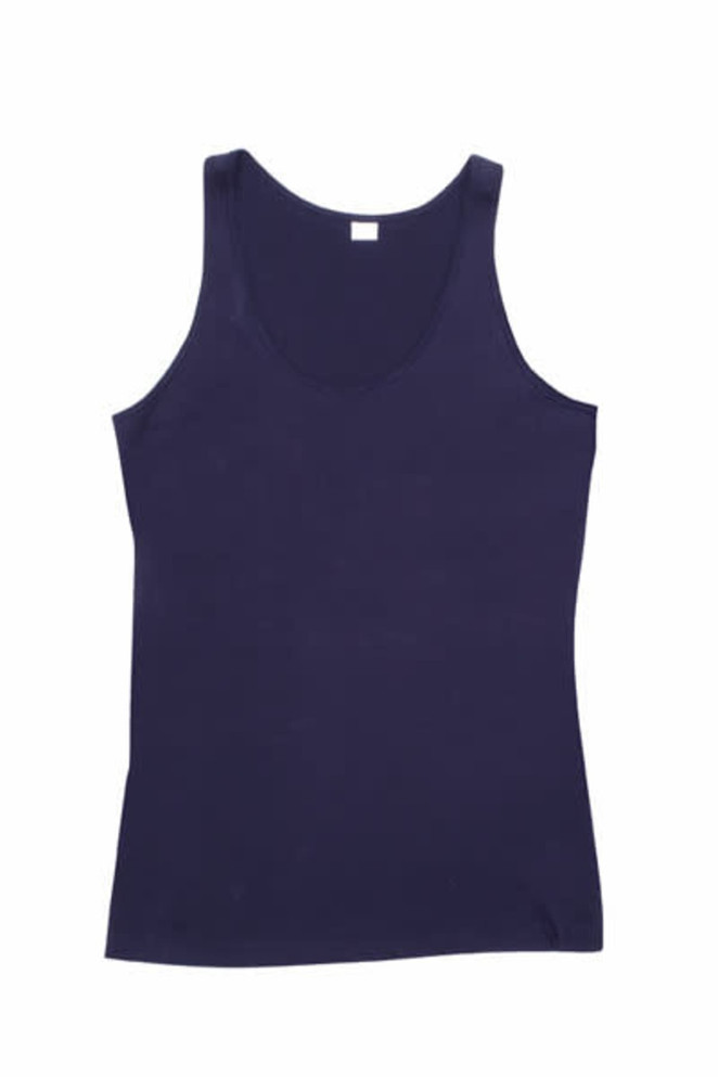 A navy women's singlet featuring a scoop neckline and fitted design. The top has a simple, unadorned look. A navy women's singlet featuring a scoop neckline and fitted design. The top has a simple, unadorned look.