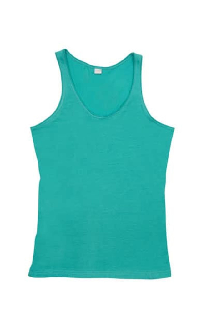 A turquoise women's singlet with a scoop neckline and no sleeves. The top features a label at the neck. A turquoise women's singlet with a scoop neckline and no sleeves. The top features a label at the neck.