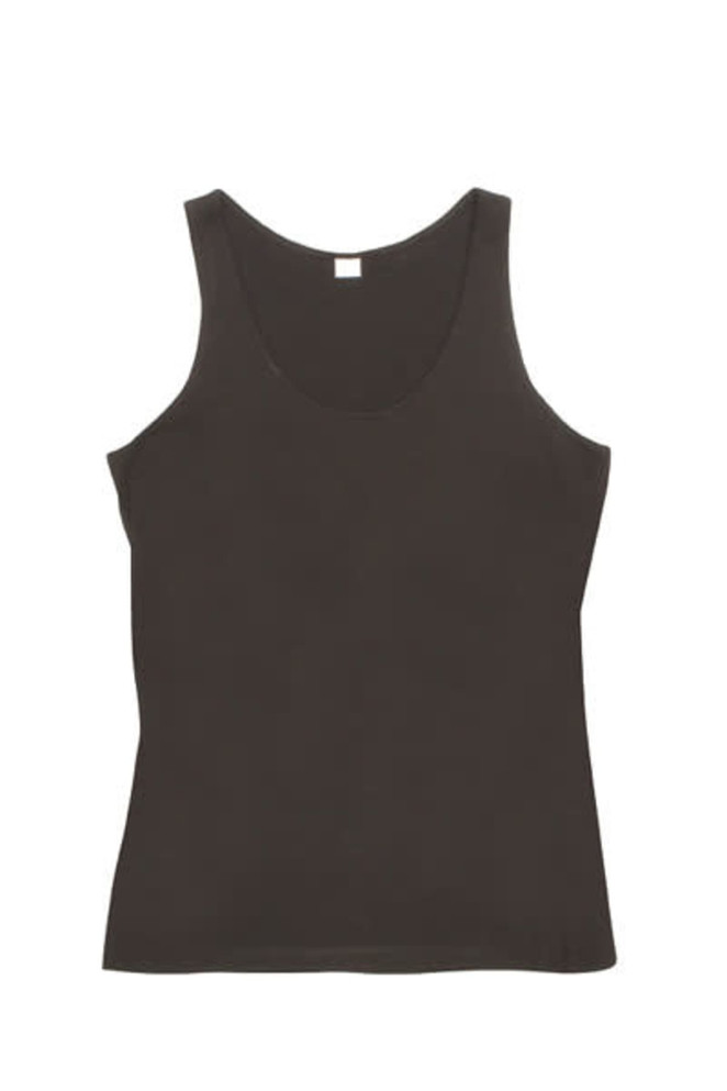 A black women's American style singlet with a scoop neckline and no sleeves, featuring a label inside. A black women's American style singlet with a scoop neckline and no sleeves, featuring a label inside.