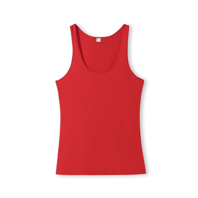 A red women's singlet with a scoop neckline and a fitted design, featuring a small logo. A red women's singlet with a scoop neckline and a fitted design, featuring a small logo.