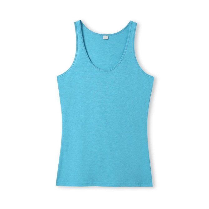 A light blue women's singlet, featuring a scoop neckline and a fitted style. The fabric appears soft with a slight texture. A light blue women's singlet, featuring a scoop neckline and a fitted style. The fabric appears soft with a slight texture.