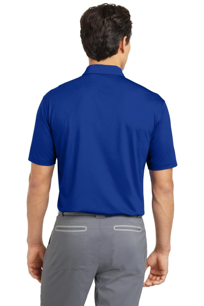 A blue Nike Dri-FIT Vertical Mesh Polo shirt is displayed, showing the back view with short sleeves.