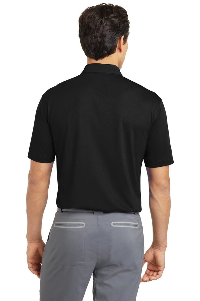 A black Nike Dri-FIT Vertical Mesh Polo shirt viewed from the back, featuring a subtle logo. Short sleeves and a collar.