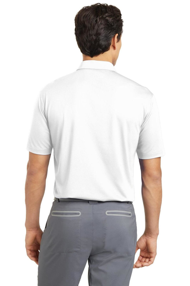 A plain white polo shirt featuring a collar and short sleeves, viewed from the back. It has a logo on the upper back.