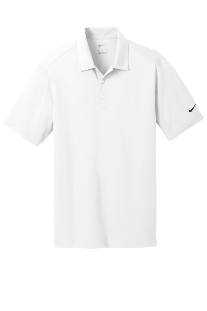 A white Nike Dri-FIT Vertical Mesh Polo shirt featuring a logo on the sleeve.