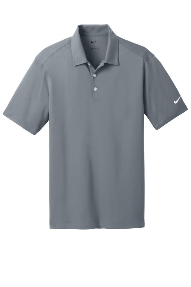 A grey Nike Dri-FIT Vertical Mesh Polo shirt with a two-button placket and a logo on one sleeve.