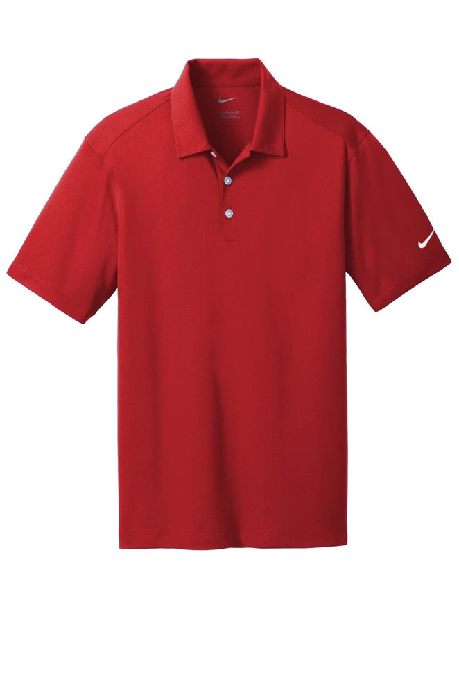 A red Nike Dri-FIT Vertical Mesh polo shirt with a logo on the sleeve and a classic collar design.