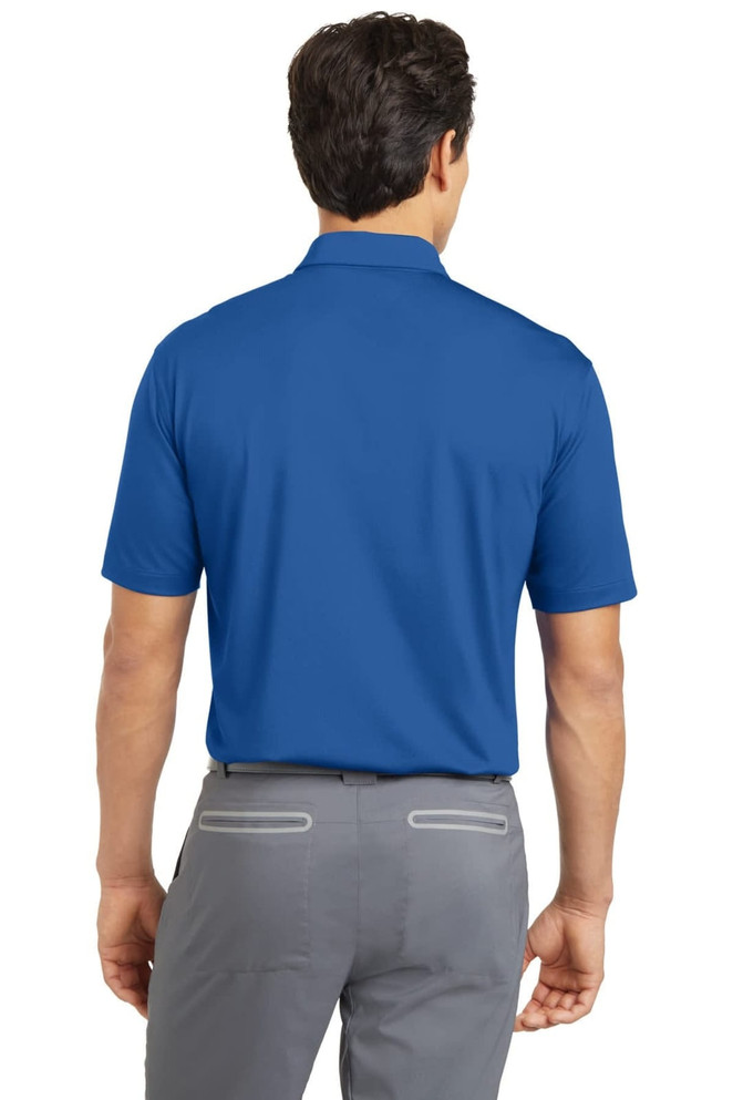 A blue Nike Dri-FIT Polo shirt from the back, featuring short sleeves and a collar. The shirt has a logo on it.