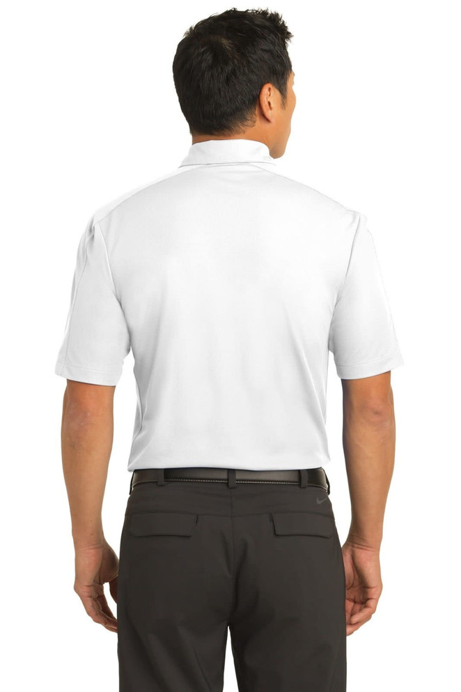 A white Nike Tech Sport Dri-FIT polo shirt, featuring a collar and short sleeves, displayed from the back.