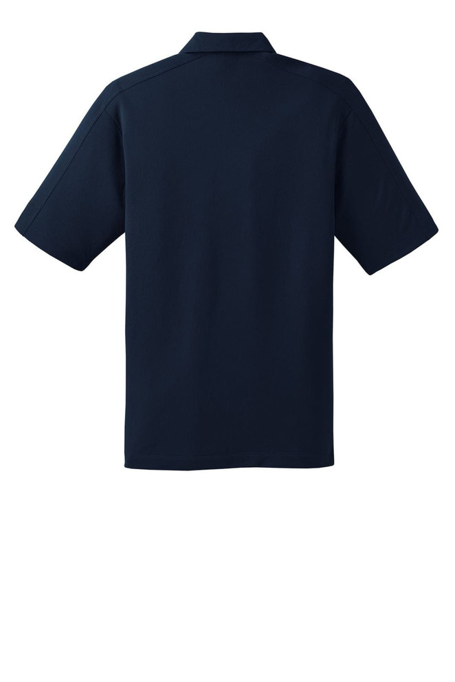 A navy blue Nike Tech Sport Dri-FIT polo shirt with a solid back and a collar, featuring a logo.