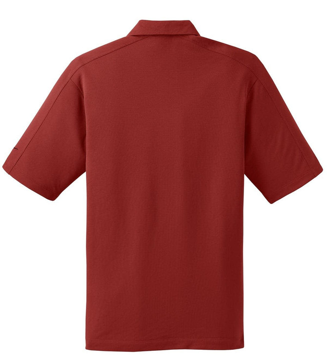 A red Nike Tech Sport Dri-FIT polo shirt with short sleeves and a collar, featuring a logo on the back.