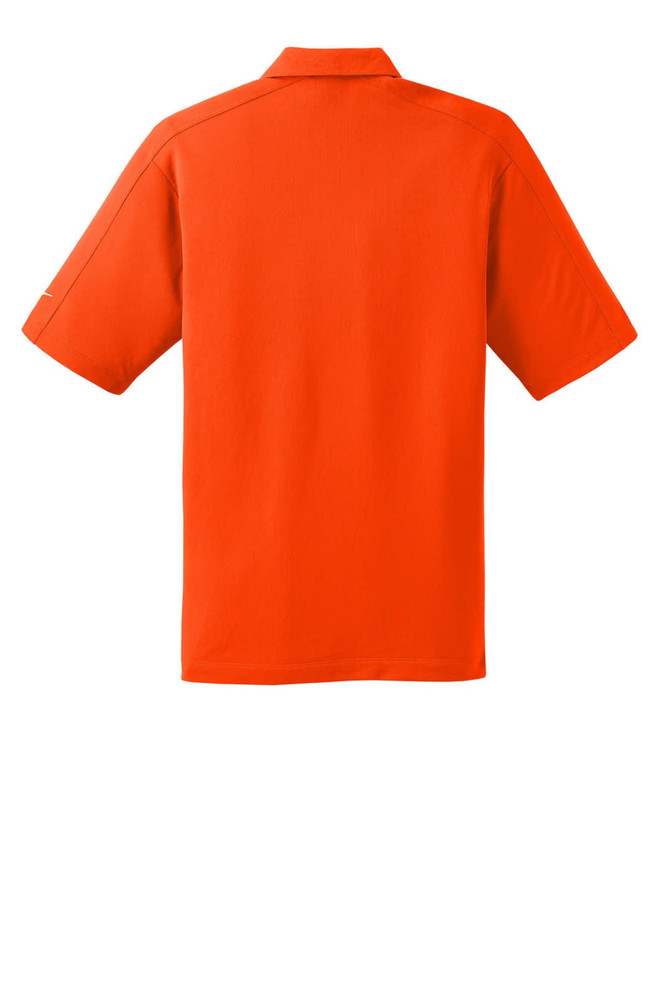 An orange Nike Tech Sport Dri-FIT polo shirt featuring a collar and short sleeves, with branding visible.