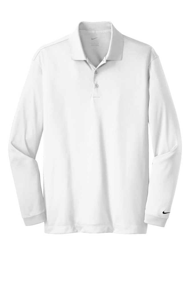 A white long sleeve polo shirt with a logo, featuring Dri-FIT stretch tech fabric.