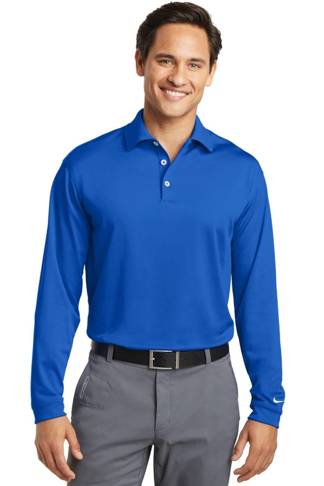 A blue long sleeve Dri-FIT stretch tech polo shirt for men, featuring a collar and buttons, with a logo on the left chest.