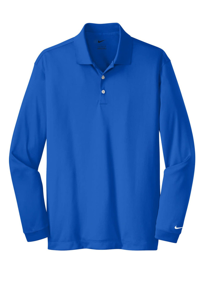 A blue long sleeve polo shirt featuring a collar, button placket, and a logo.