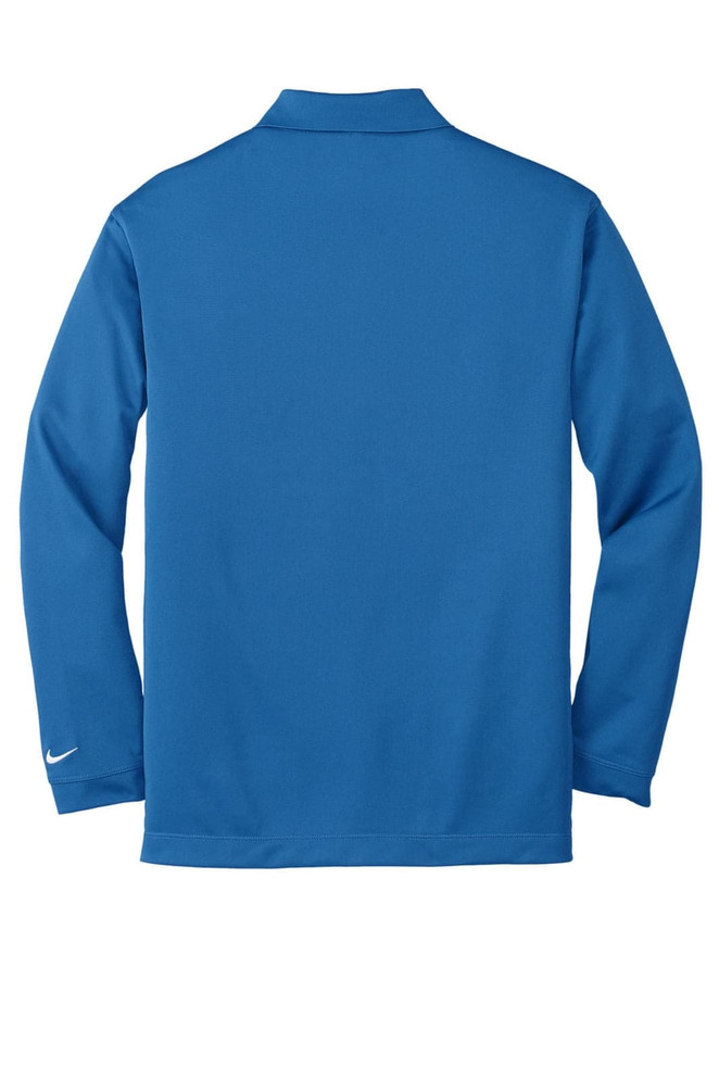 A blue long sleeve polo shirt featuring a logo, made with Dri-FIT stretch tech fabric.