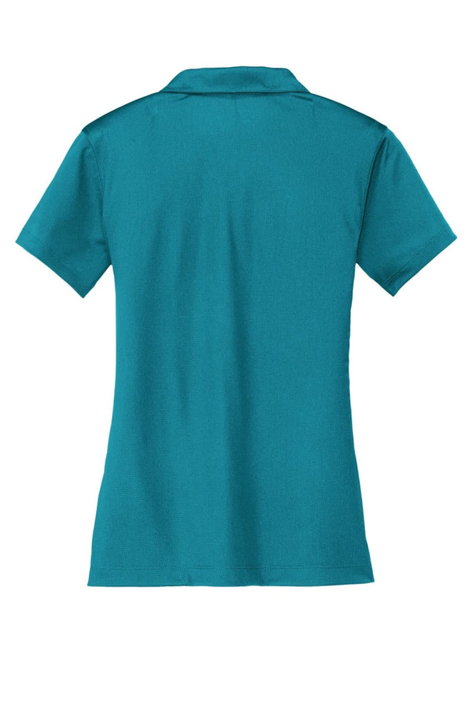 A teal Nike Ladies Dri-FIT Vertical Mesh Polo with a collar and short sleeves, featuring a logo. A teal Nike Ladies Dri-FIT Vertical Mesh Polo with a collar and short sleeves, featuring a logo.